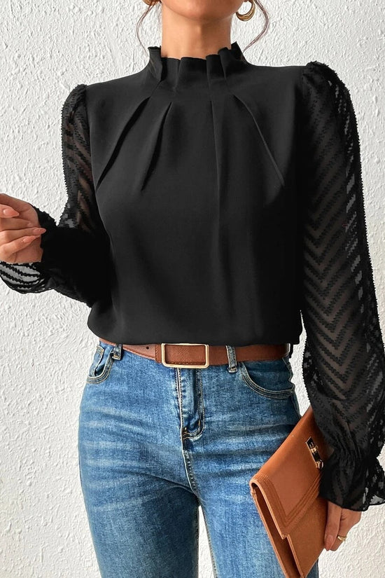 Autumn Winter New Women's High Neck Spliced Wave Pattern Chiffon Long Sleeve Top 