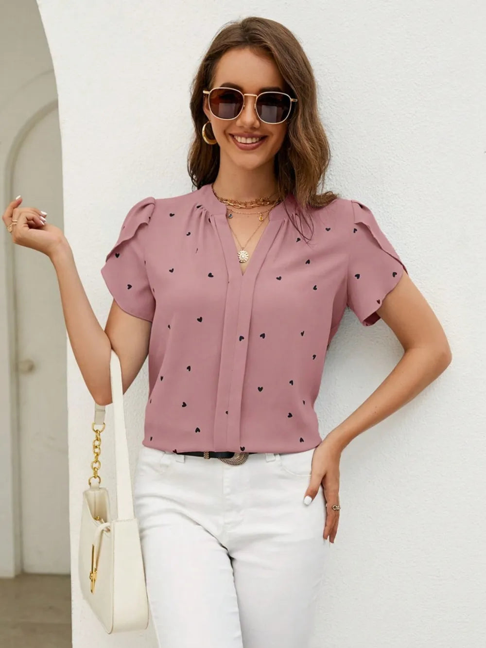 V-neck heart-shaped petal sleeve shirt with elegant women's top 