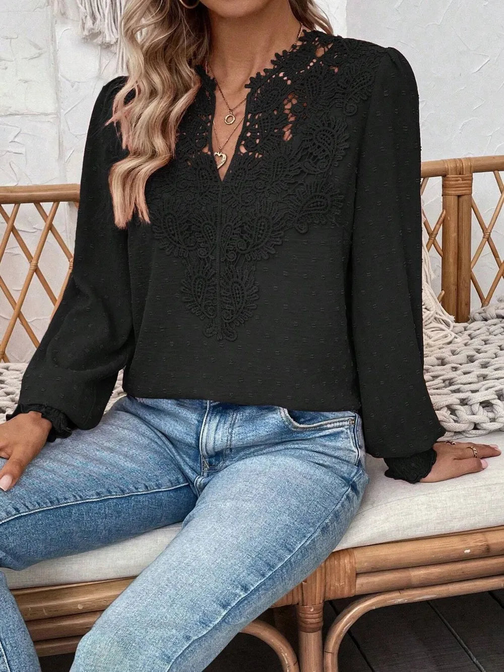 Swiss Dot Lace Detail Notched Long Sleeve Blouse 