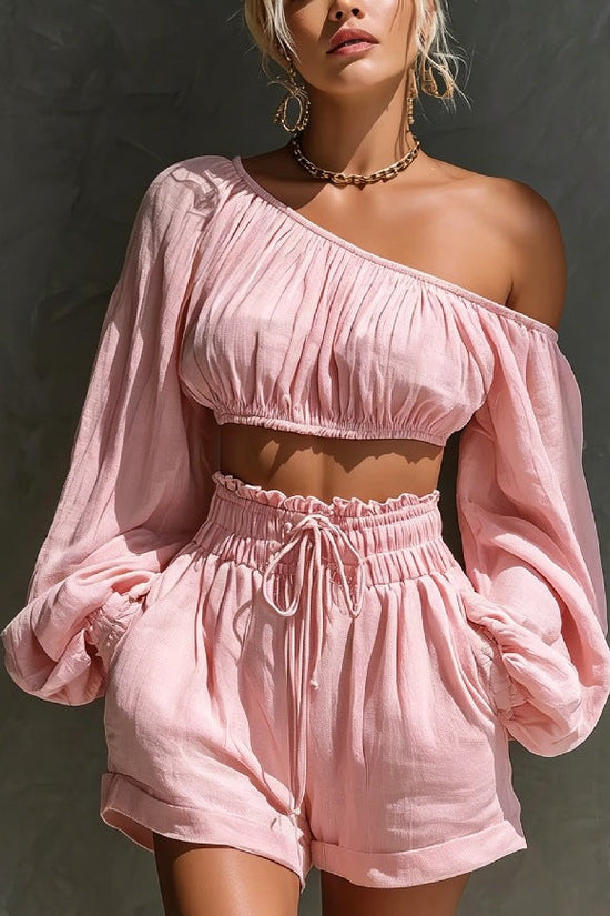 Shoulder long sleeved short top+high waisted casual shorts set for women 
