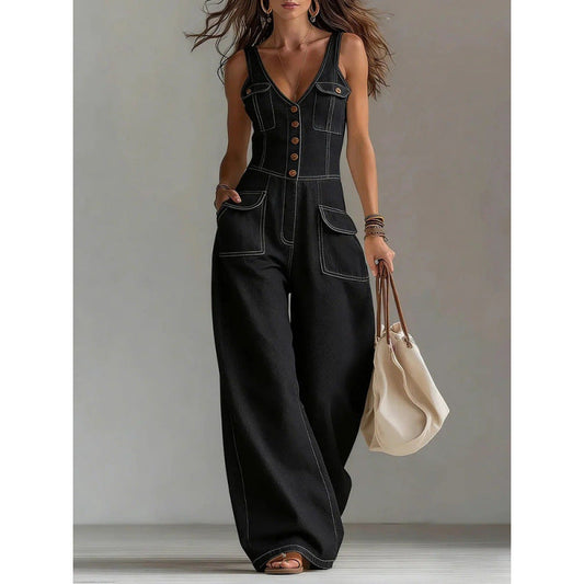 Washed Denim Straight Loose Sleeveless Strap Jumpsuit 
