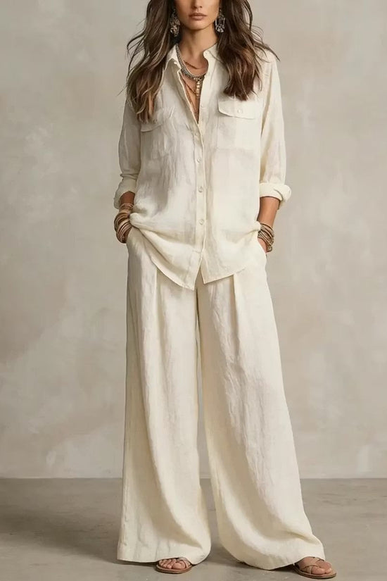 Chic Linen Set for Women, Breathable Lightweight Long Sleeve Shirt with Drapey Wide-Leg Pants, Vacation Style Casual Outfit 
