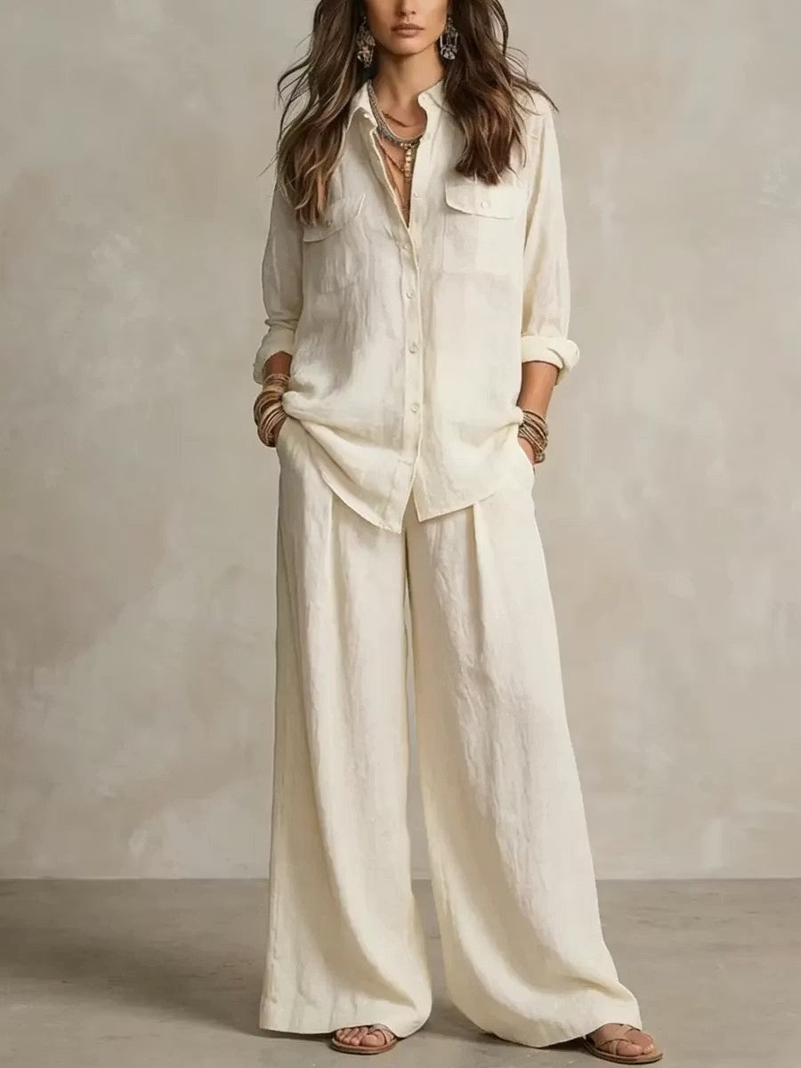Chic Linen Set for Women, Breathable Lightweight Long Sleeve Shirt with Drapey Wide-Leg Pants, Vacation Style Casual Outfit 