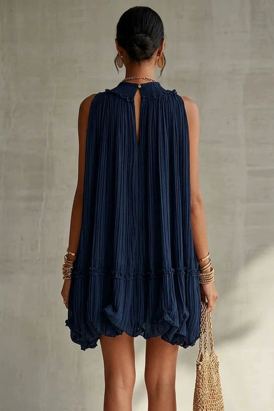 Sleeveless Pleated Mini Dress for Women, Loose A-Line Skirt with Ruffled Hem, Gathered Pleats, Casual Vacation Style, Flared Silhouette, Sweet Baby Doll Dress 