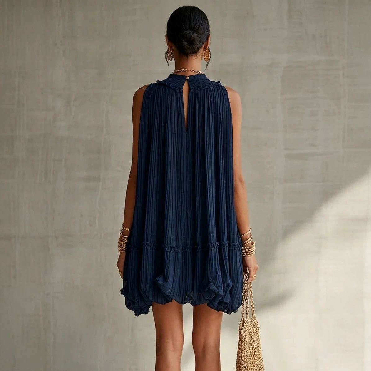 Sleeveless Pleated Mini Dress for Women, Loose A-Line Skirt with Ruffled Hem, Gathered Pleats, Casual Vacation Style, Flared Silhouette, Sweet Baby Doll Dress 