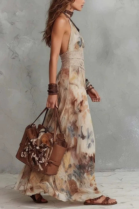 French Vintage Painted Floral Backless Strapless Summer Beach Vacation Long Dress 