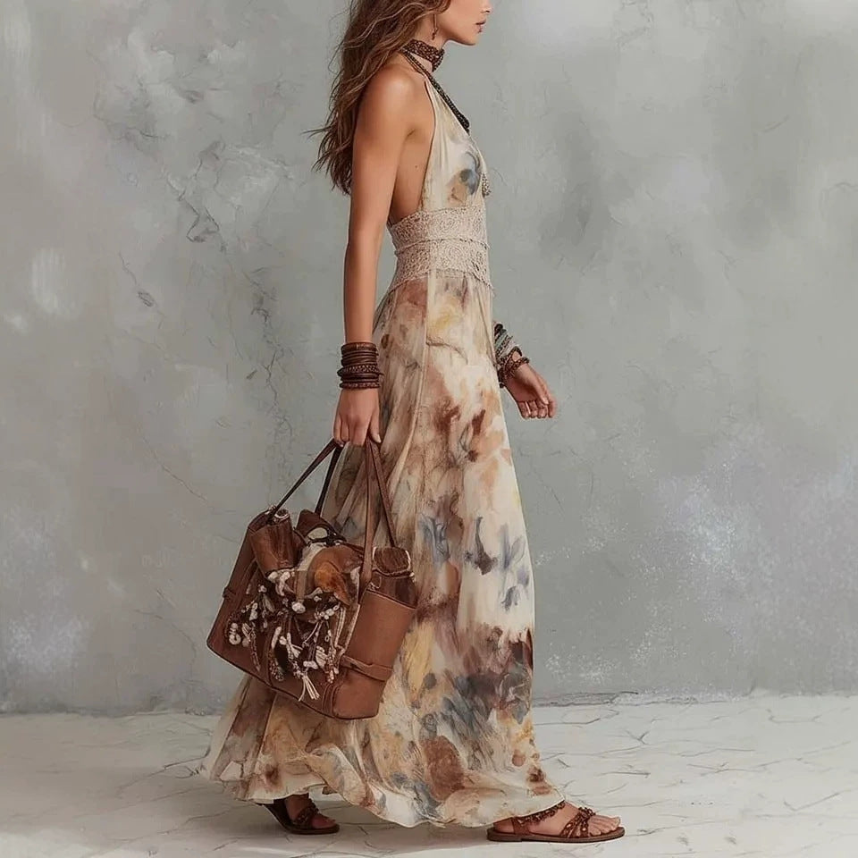 French Vintage Painted Floral Backless Strapless Summer Beach Vacation Long Dress 