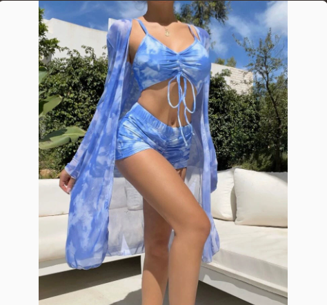Fashionable Sexy Mesh Cover-Up with Leg-Length Briefs Three-Piece Swimwear Set for Women 