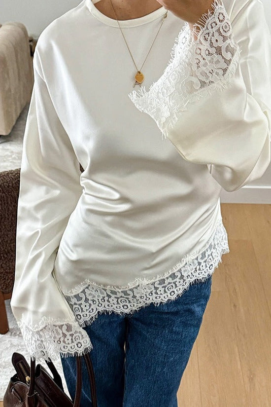 Round neck solid color long sleeved irregular hem T-shirt for women 
