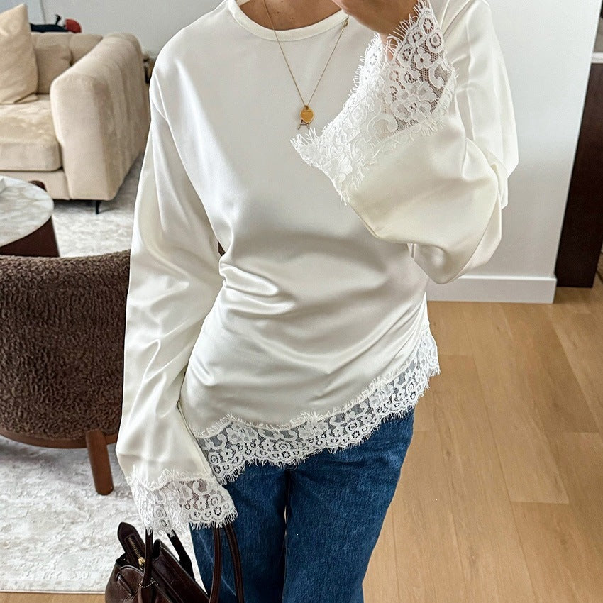 Round neck solid color long sleeved irregular hem T-shirt for women 