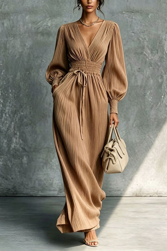 Solid color casual waist cinched long sleeved dress 