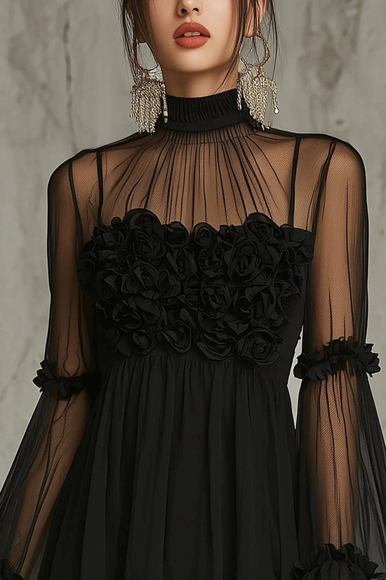 Floral Embroidered Sheer Lace Dress with High Neck and Flared Sleeve 