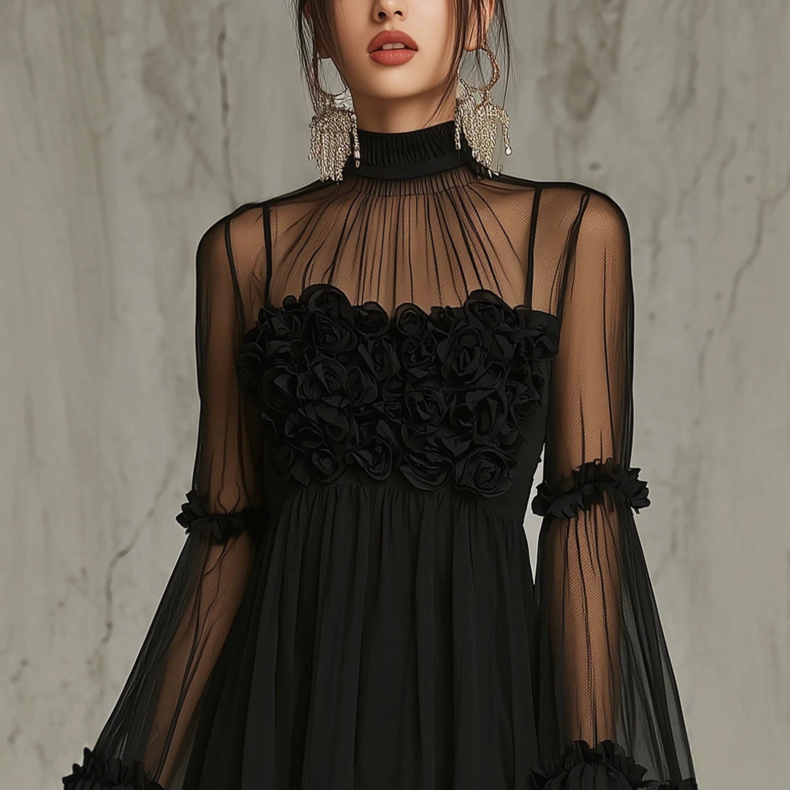 Floral Embroidered Sheer Lace Dress with High Neck and Flared Sleeve 