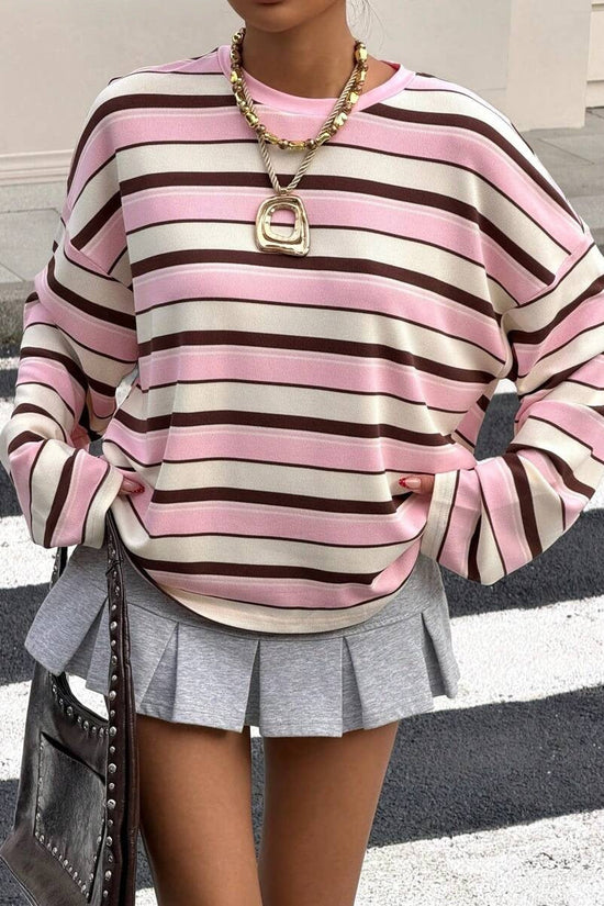 Round neck contrasting striped pullover loose hoodie 