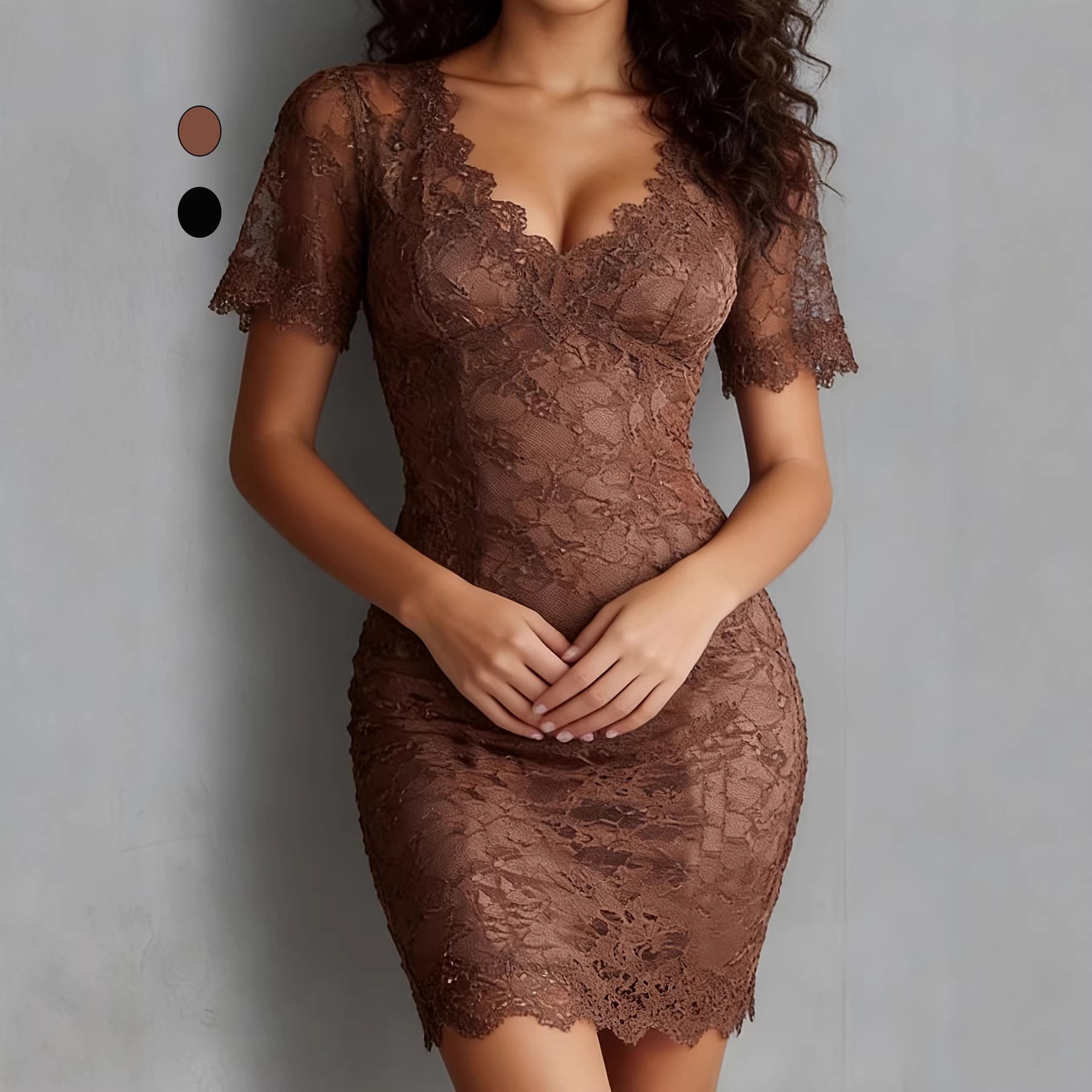 Sexy V-Neck Lace Sheer Bodycon Dress, Fashion Fitted Slimming 