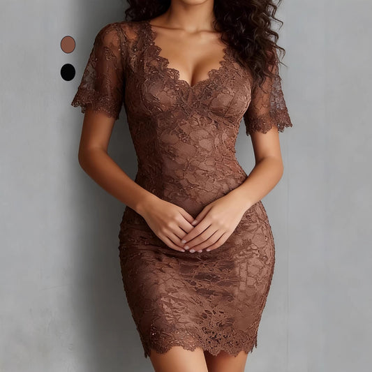 Sexy V-Neck Lace Sheer Bodycon Dress, Fashion Fitted Slimming 