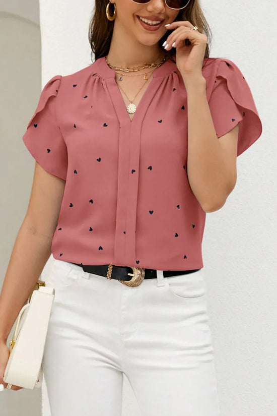 V-neck heart-shaped petal sleeve shirt with elegant women's top 
