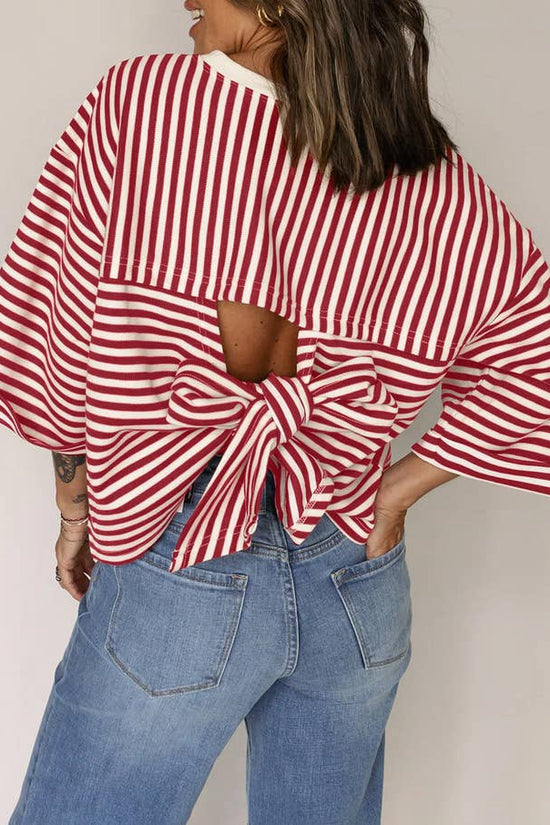 Round neck striped back tie bow pullover top 