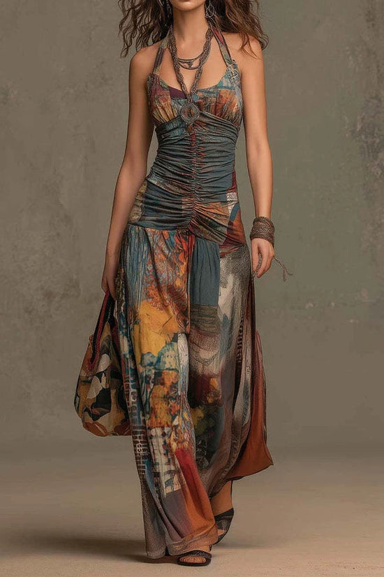 French Oil Painting Print Vintage Off-Shoulder Sexy Jumpsuit for Women Summer 
