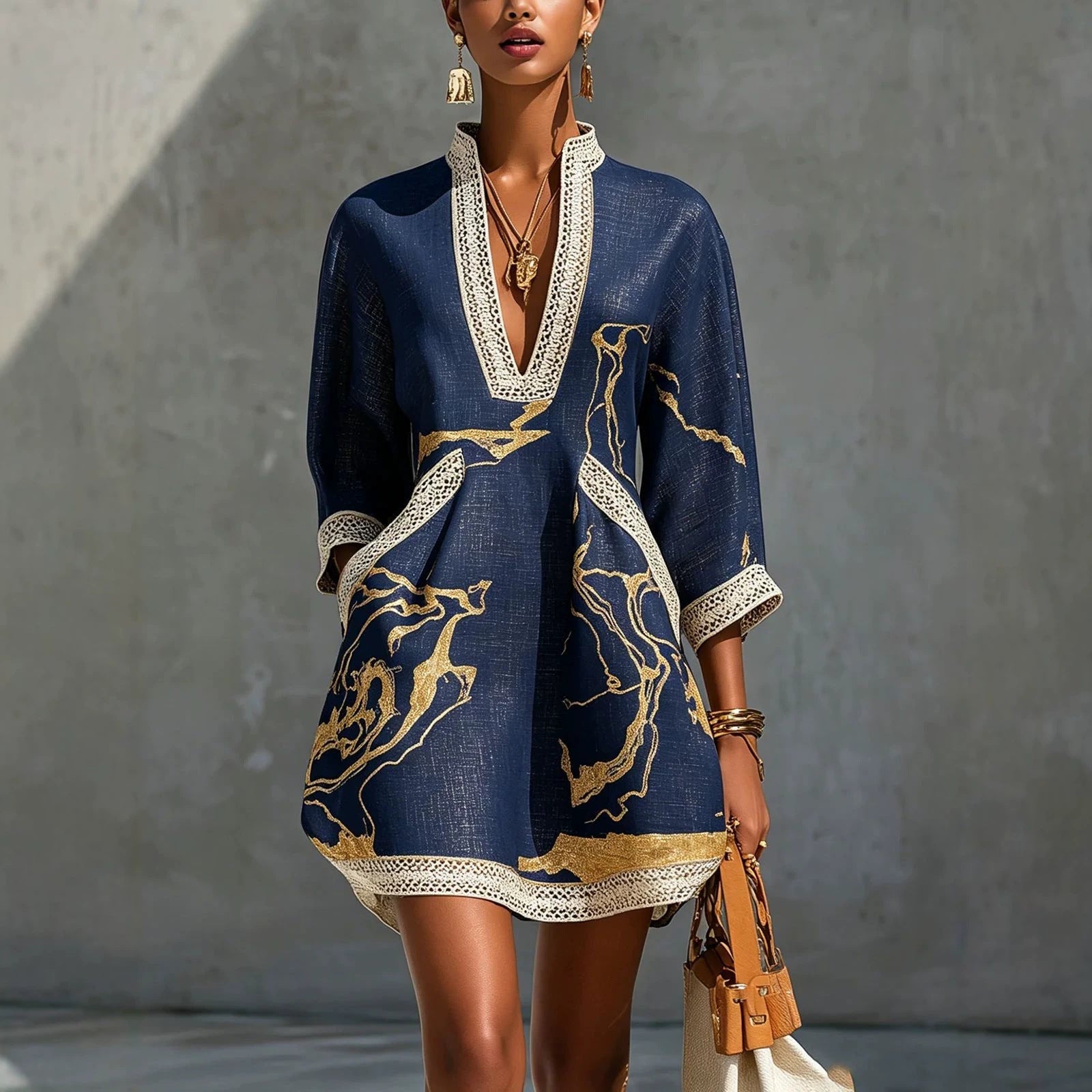 Printed lace trimmed seven quarter sleeved cotton linen short dress 