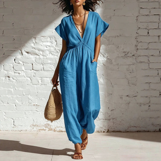 Deep V-neck loose fit pants for women 