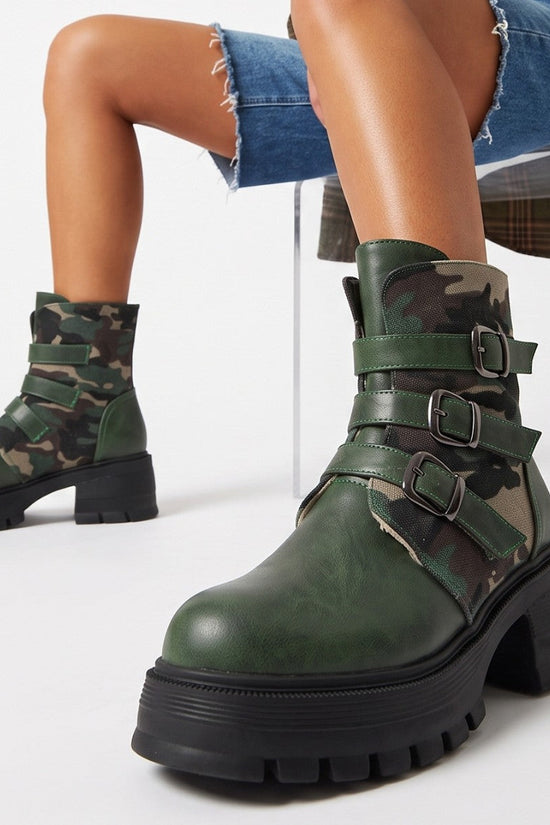 High Heel Thick Sole Belt Buckle Camouflage Low Cut Women's Boots Fashionable Large Made to order, ships in 7 days 