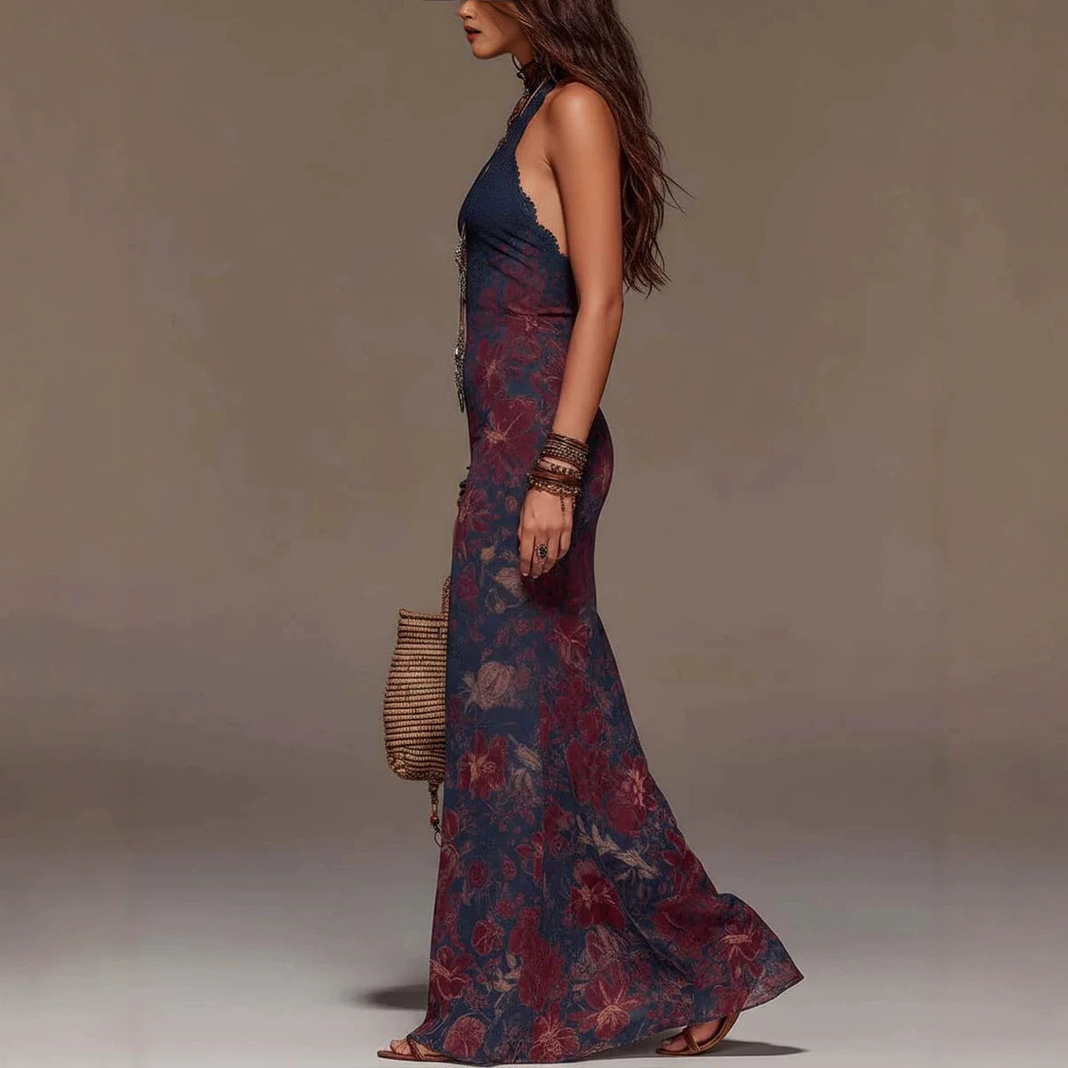 Hanging neck women's lace deep V sleeveless slim fit Bohemian dress 