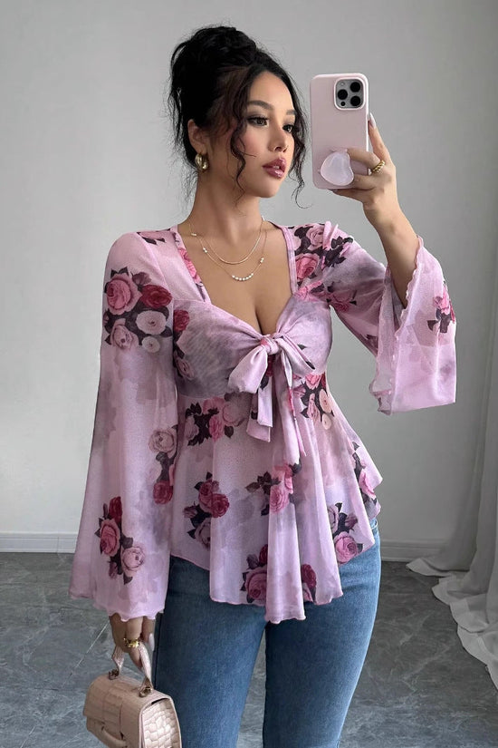 Sweet Floral Ombre Tie-Back Square Neck Long Sleeve Blouse 