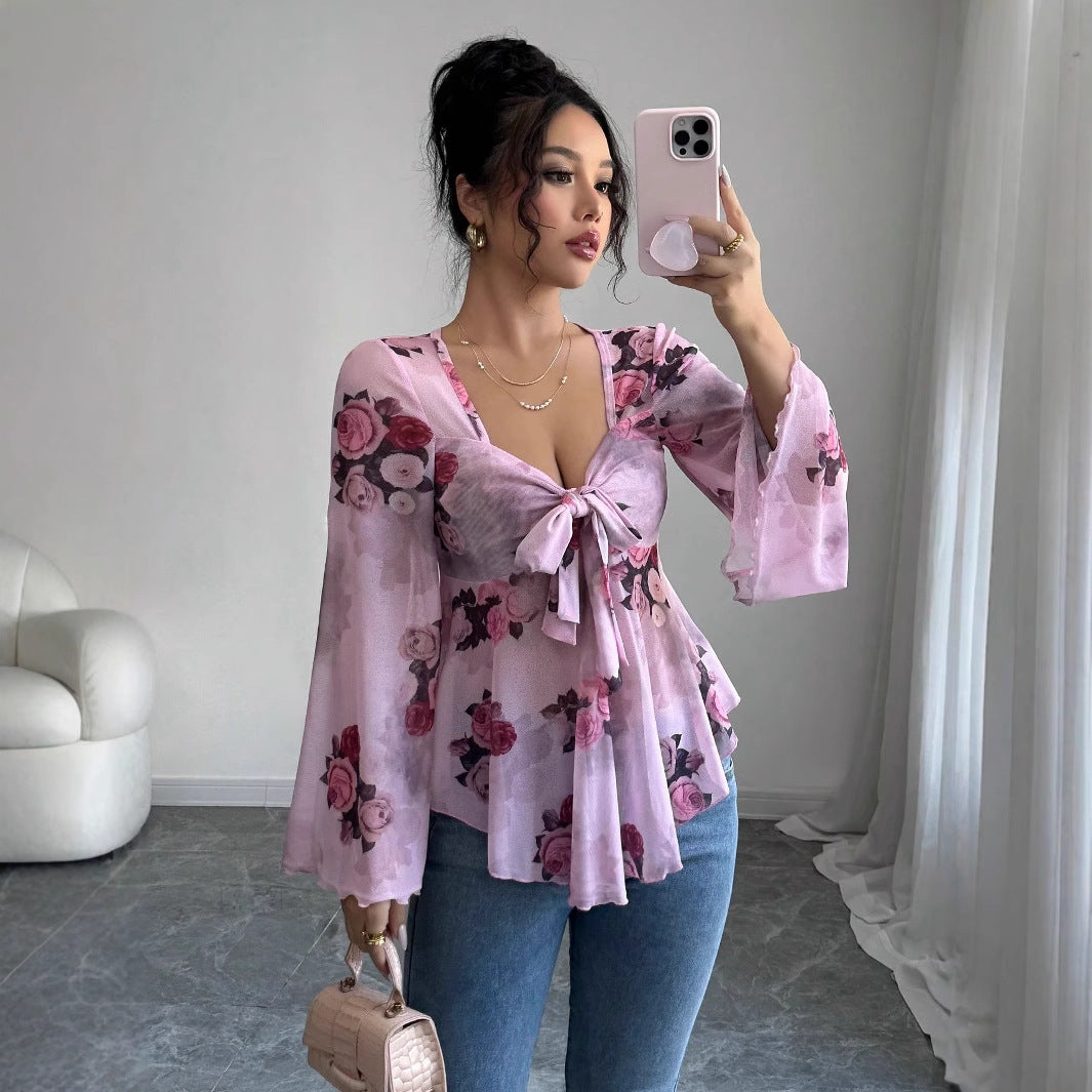 Sweet Floral Ombre Tie-Back Square Neck Long Sleeve Blouse 