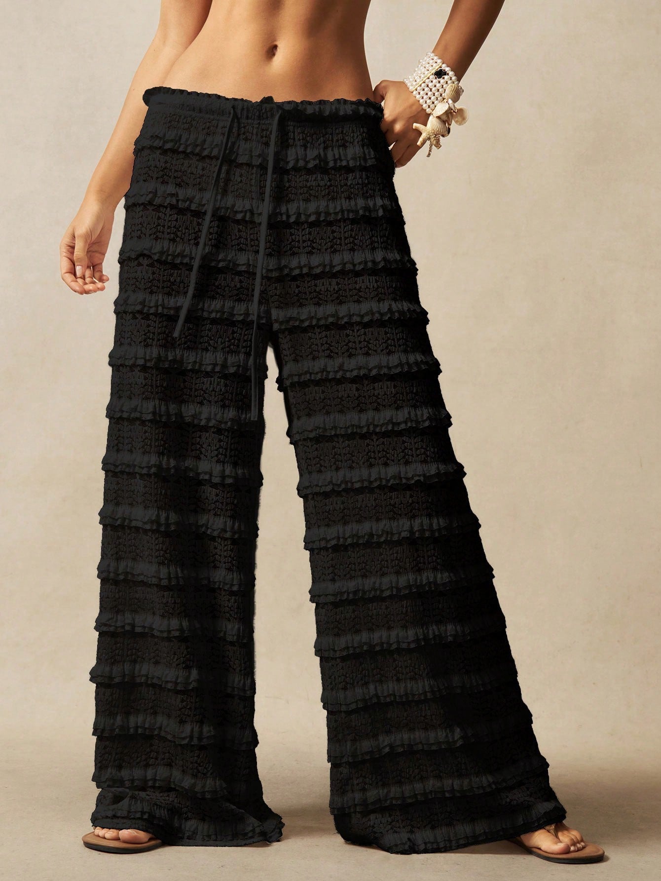 Streetwear Casual Solid Color Lace Jacquard Hollow-out Patchwork Tie-up Straight Leg Pants 