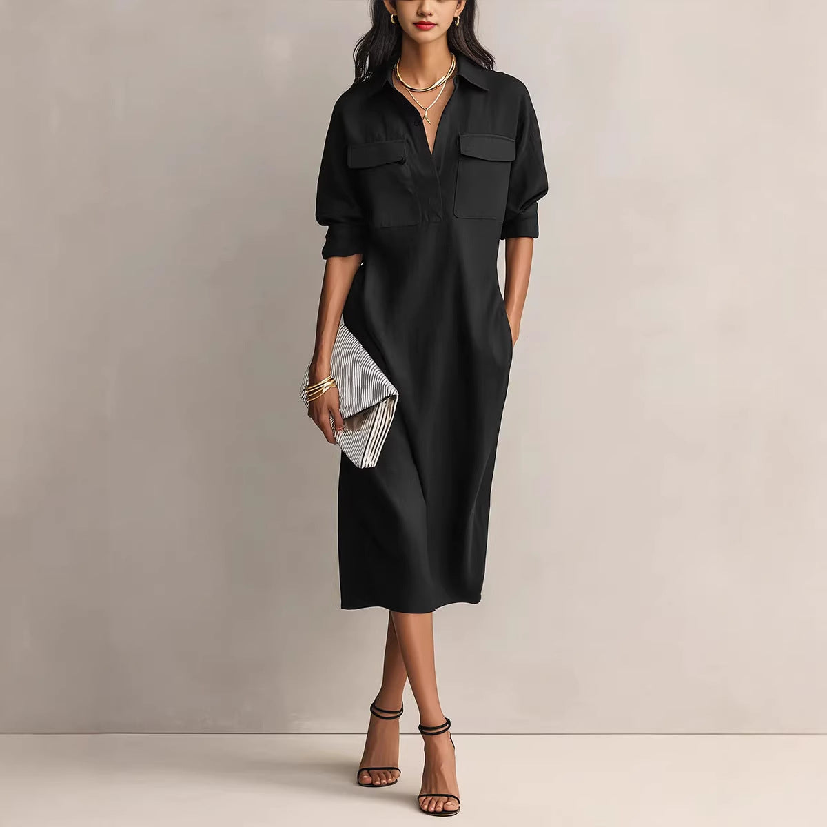 Elegant and Sophisticated Office Casual Fashion Fitted Comfortable Solid Color Mid-Length Dress 