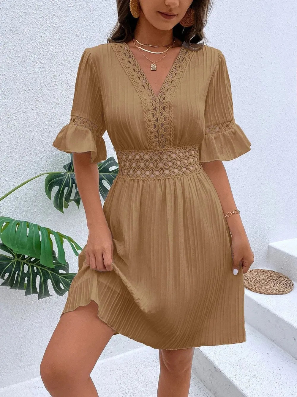 Cutout V-Neck Flounce Sleeve Mini Dress 