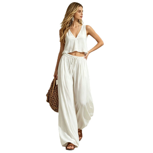 V-neck solid color sleeveless camisole top wide leg pants set 
