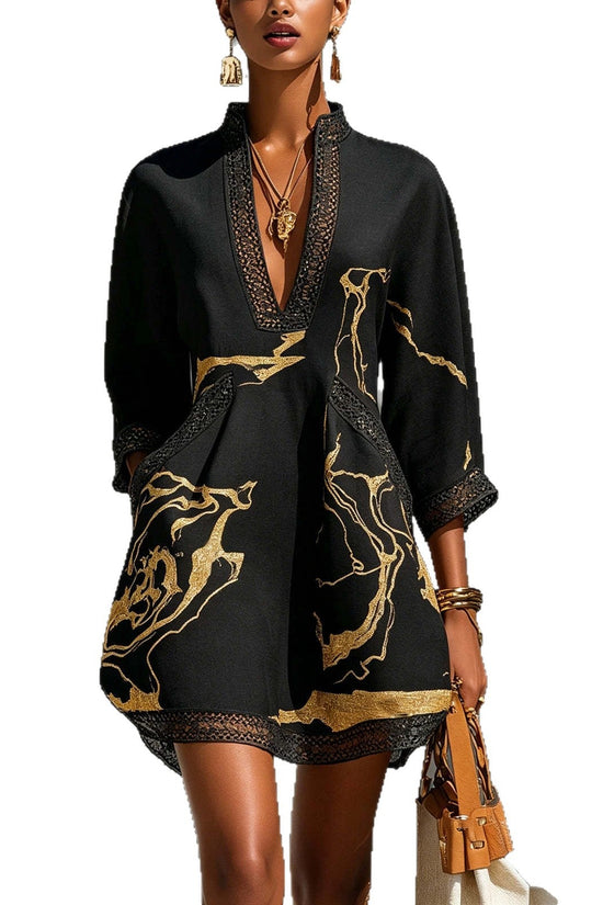 Printed lace trimmed seven quarter sleeved cotton linen short dress 