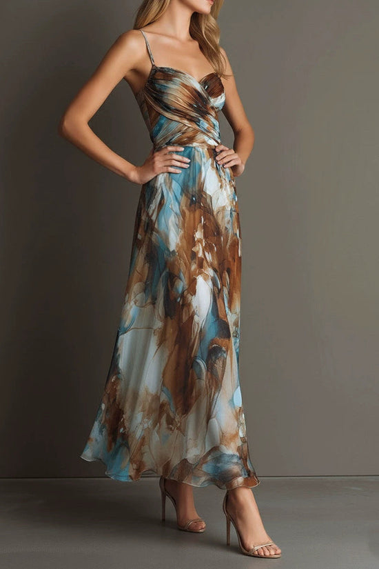 Fashionable Elegant Printed Dress with Sexy Straps, Waist-Cinching Flowy Beach Long Dress 