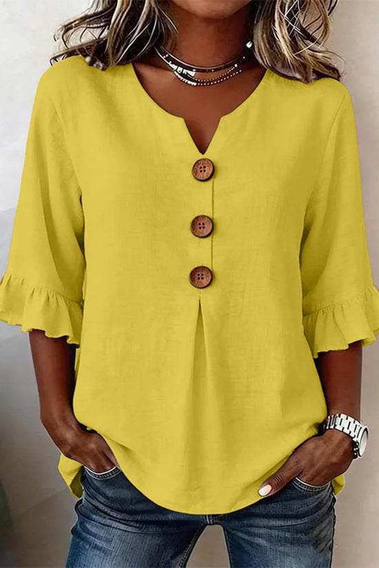 Fashionable Cotton Linen V-Neck Button-Up Blouse for Women Summer Casual Top 