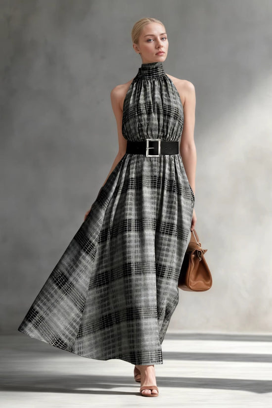 Sleeveless plaid high waisted lace up A-line long skirt 
