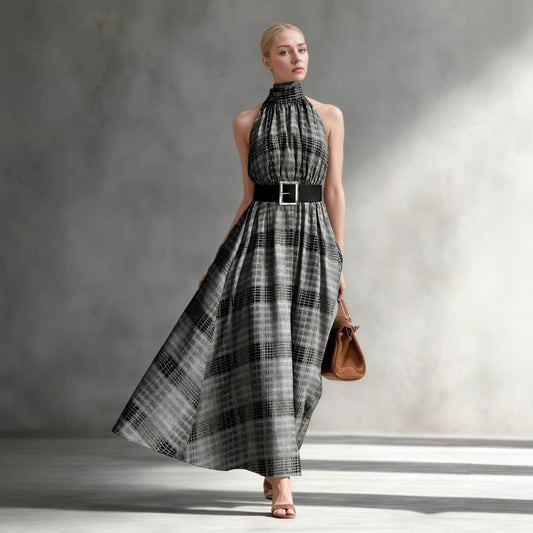 Sleeveless plaid high waisted lace up A-line long skirt 