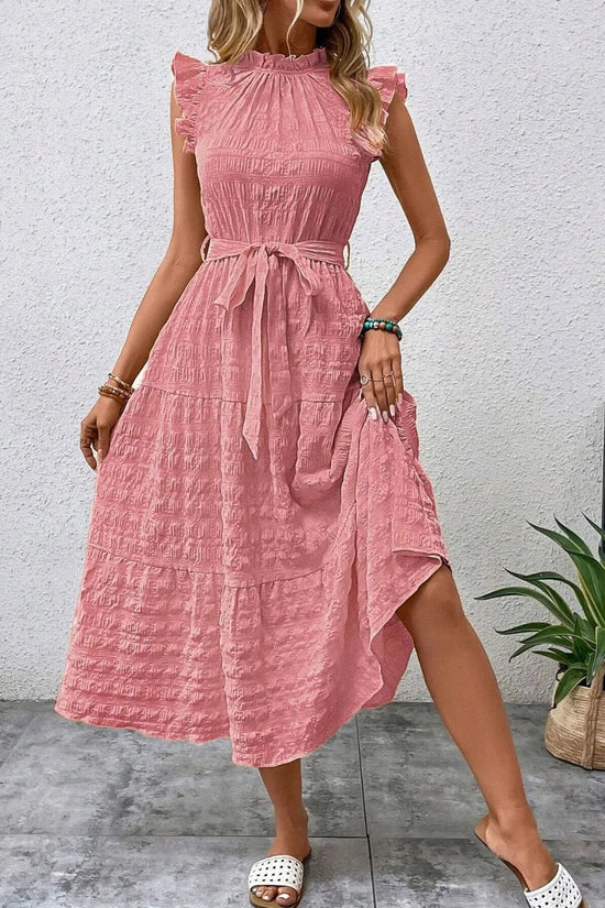 Tied Ruffled Cap Sleeve Midi Dress 