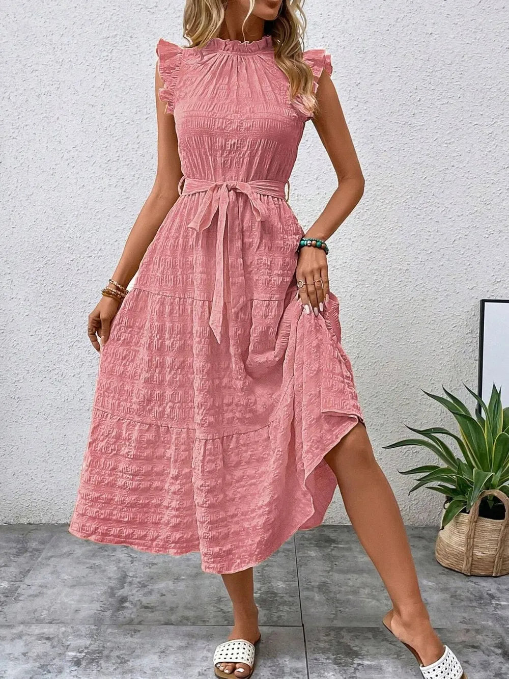 Tied Ruffled Cap Sleeve Midi Dress 