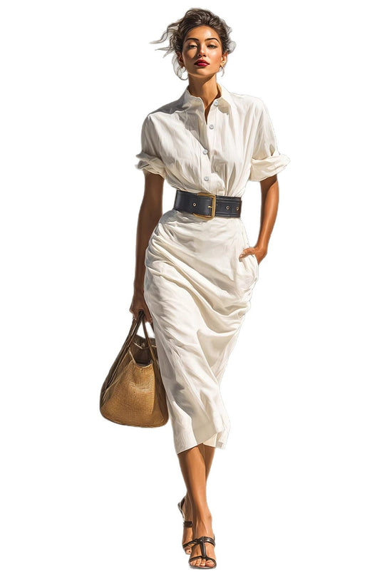 Solid color waist folded shirt long dress 