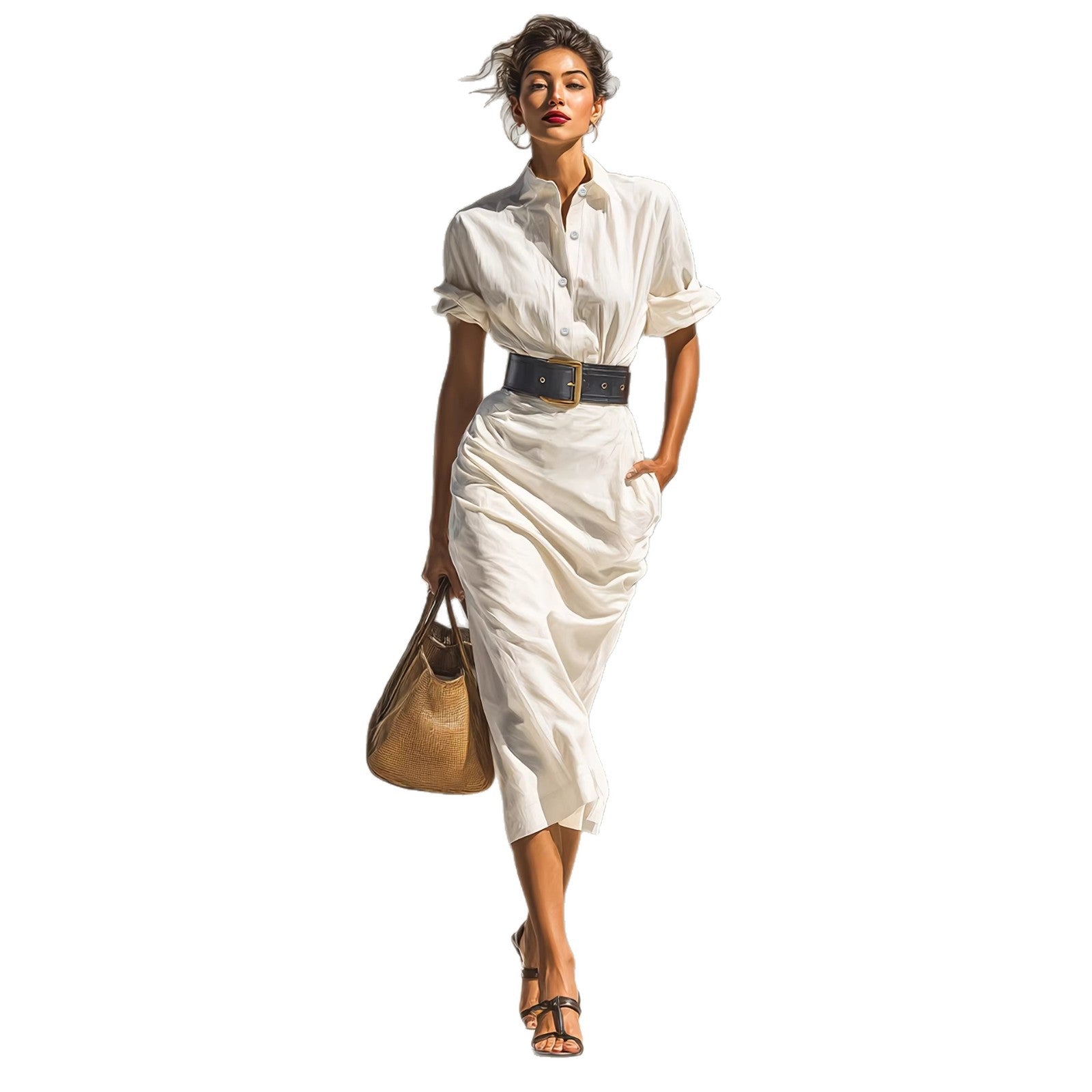 Solid color waist folded shirt long dress 