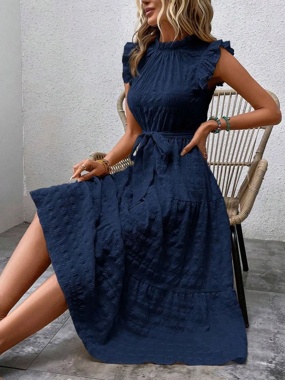 Tied Ruffled Cap Sleeve Midi Dress 