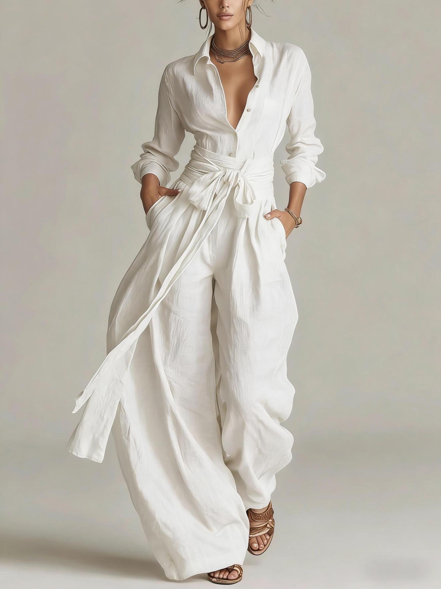 Solid color collar top high waisted pants two-piece set 