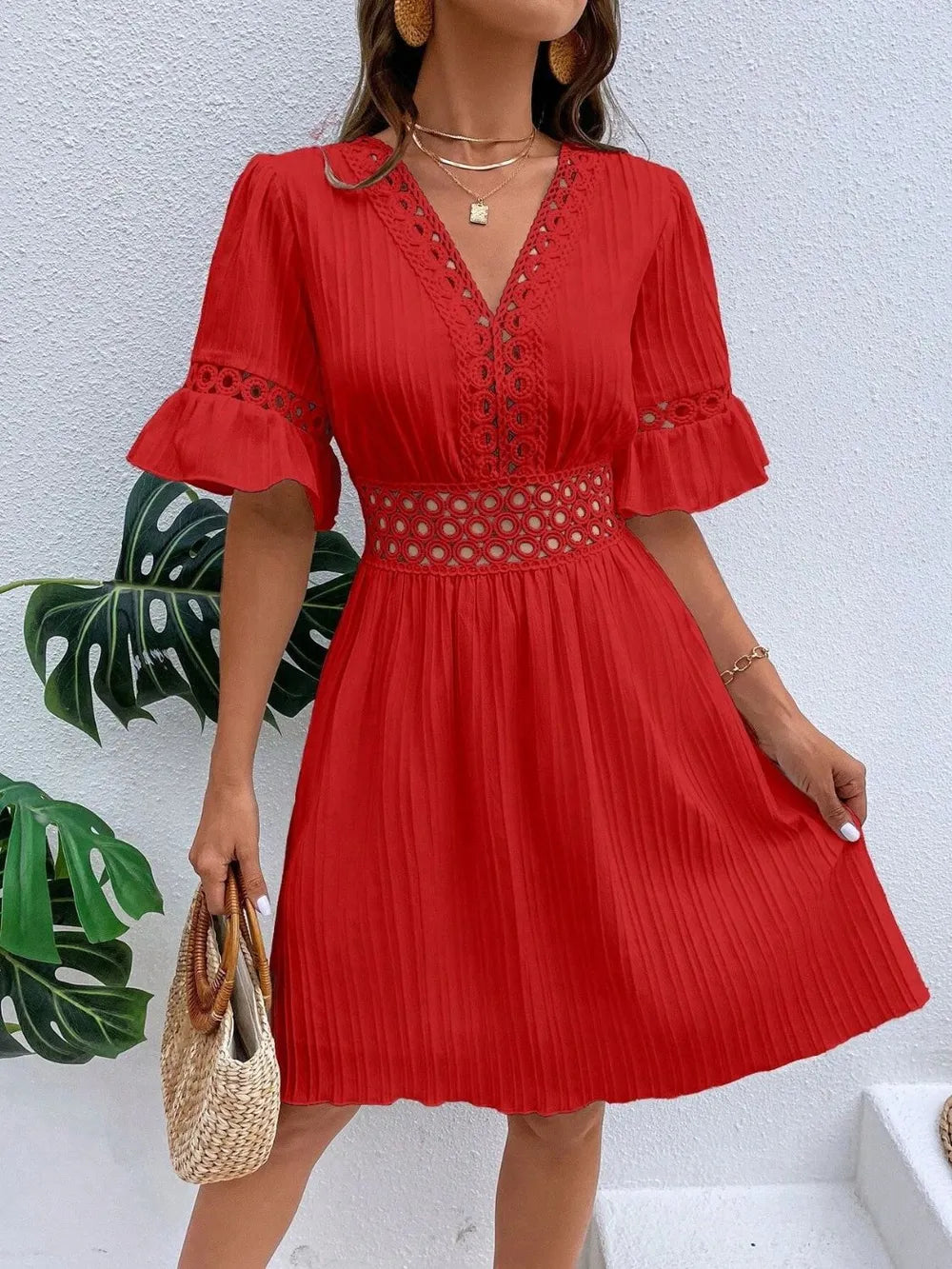 Cutout V-Neck Flounce Sleeve Mini Dress 