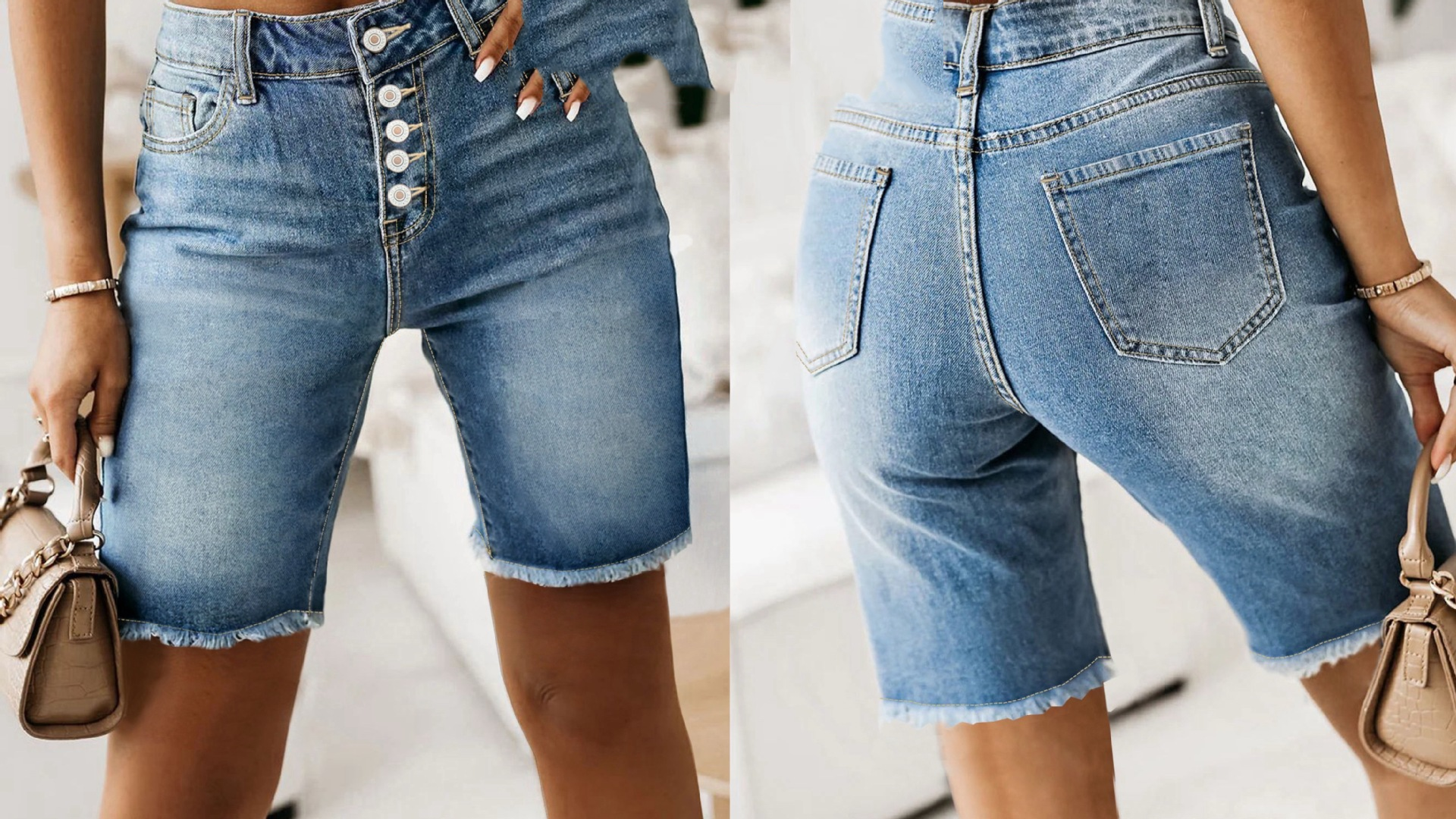 Cotton Denim Shorts Summer Mid-Length Frayed Hem Distressed Hot Pants 