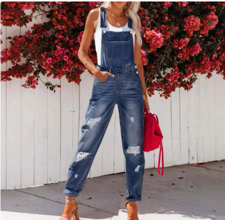 Cropped Blue Denim Overalls for Women with Ripped Details Casual FashionStrap Design, Perfect for Everyday Wear 