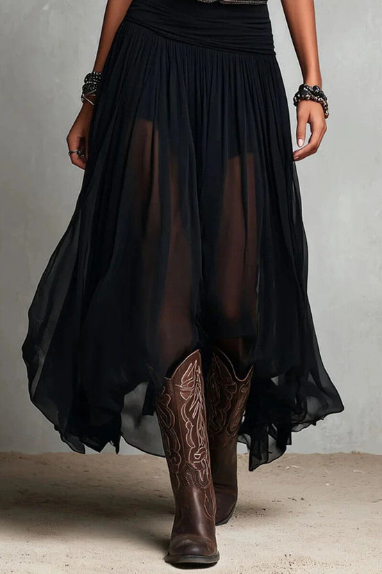 Summer New Black Strap Long Dress for Women, Mesh Dress with Belt 