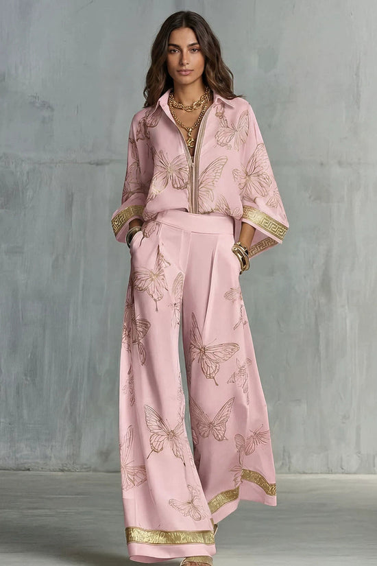 Style Women's Retro Printed Sexy Deep V Neck Loose Zipper Top with Wide Leg Pants Two-Piece Set 