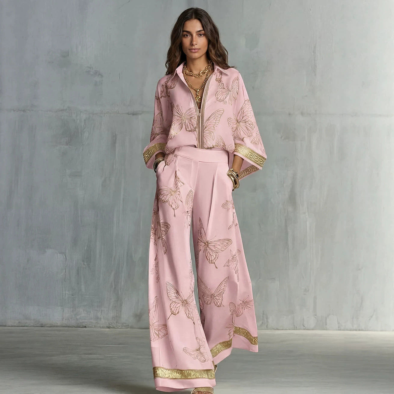 Style Women's Retro Printed Sexy Deep V Neck Loose Zipper Top with Wide Leg Pants Two-Piece Set 